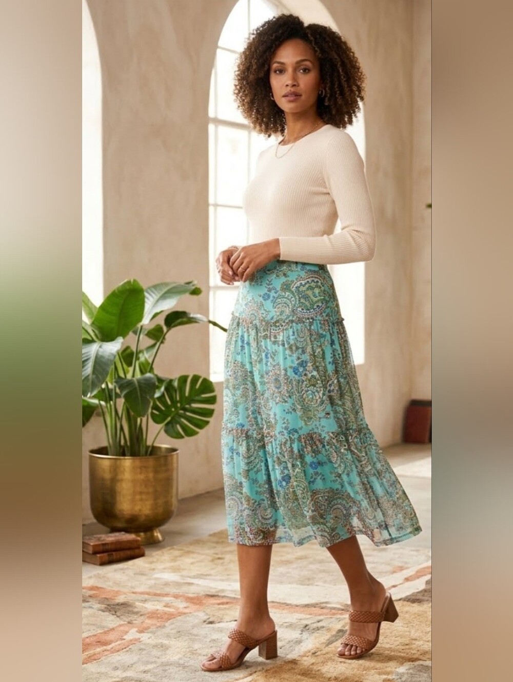 Nina Leonard Mesh Tiered Midi Skirt Summer Flowy Turquoise Paisley Boho Med